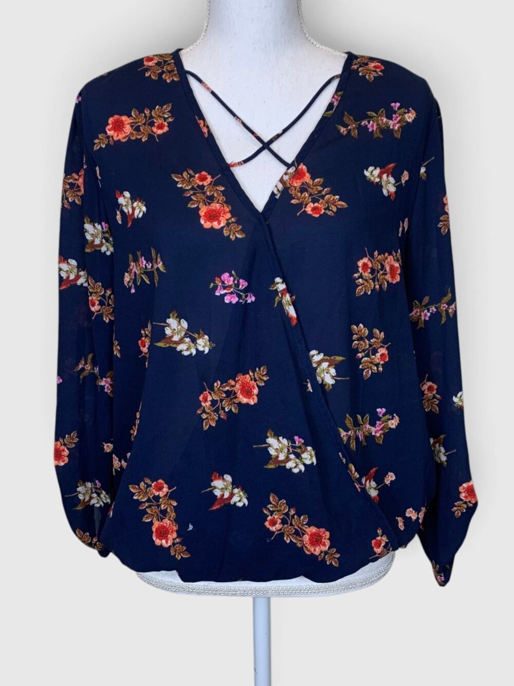 MidNight Sky Floral Wrap Blouse Large Navy Long Sleeve Boho NWOT